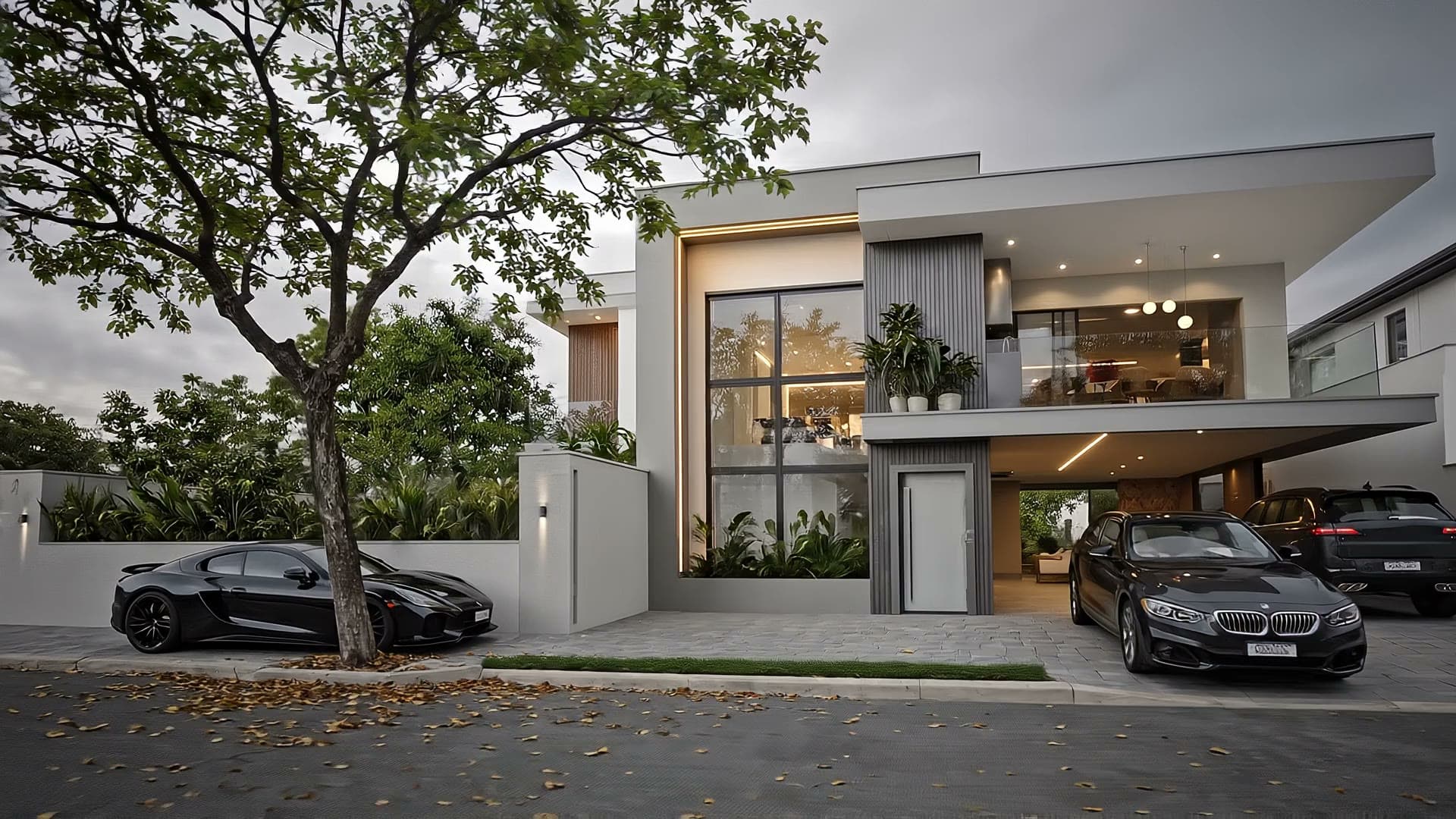 Residência contemporânea ao entardecer — projeto de Fabrícia Santos